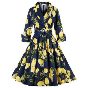 3/4 sleeve lemon 🍋navy blue retro swing dress